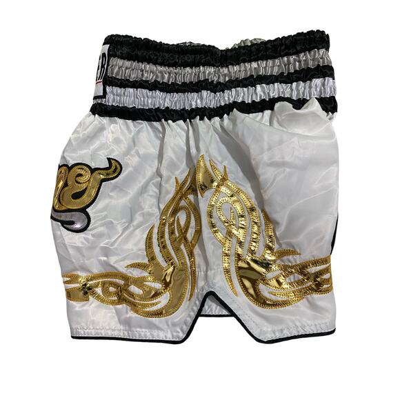 Another Boxer Youth Silver Boxing Shorts Size L Gold Embroidery Black Trim - Picture 3 of 8